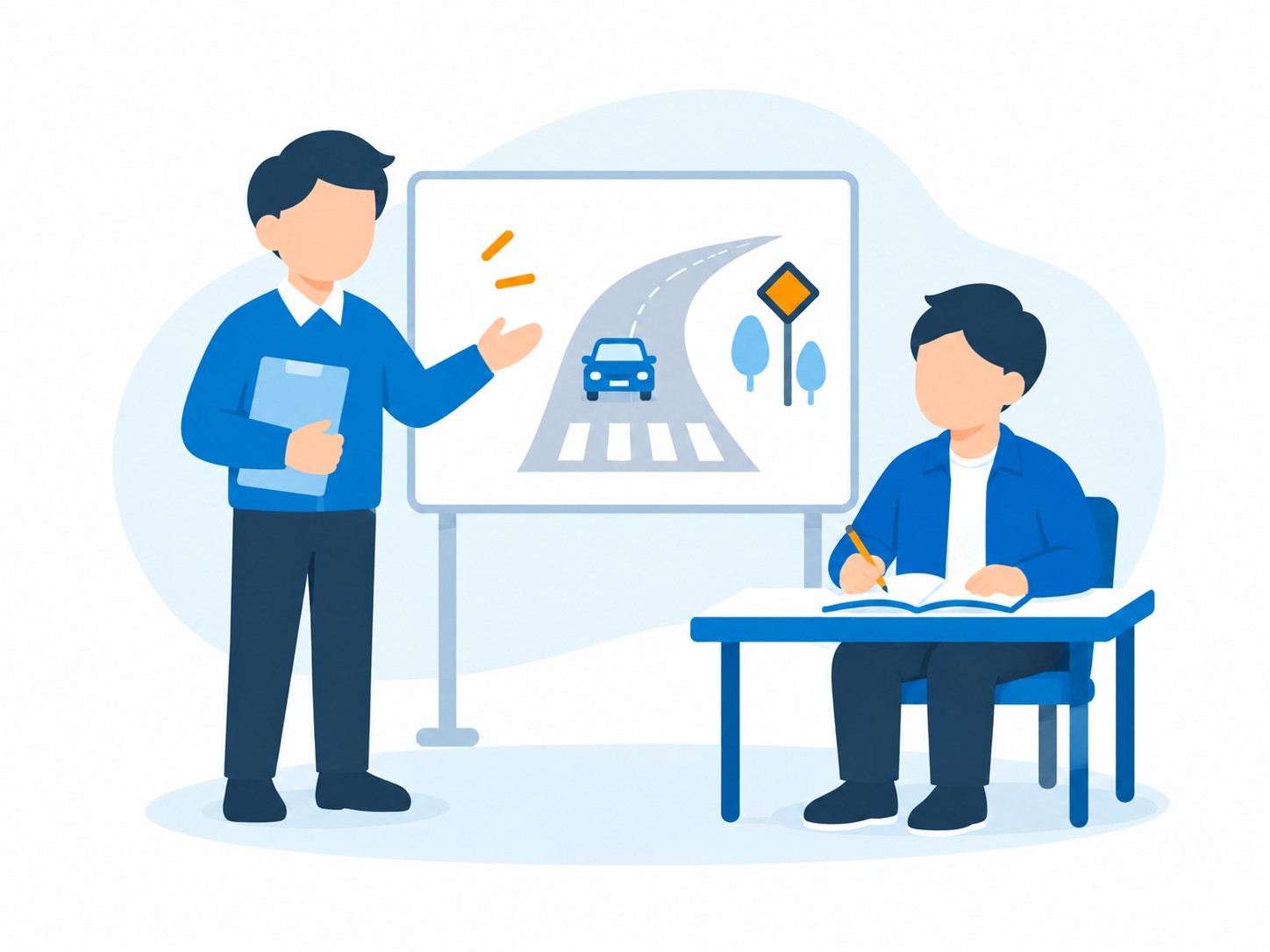 青いジャケットの受講者が教室で指導を受けながら日本語と安全運転を学ぶイラスト