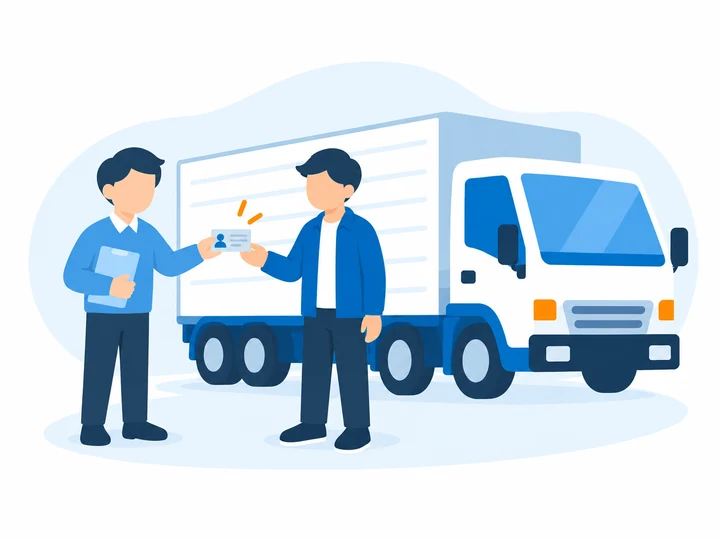同じ受講者が大きなトラックのそばで免許証を受け取るイラスト