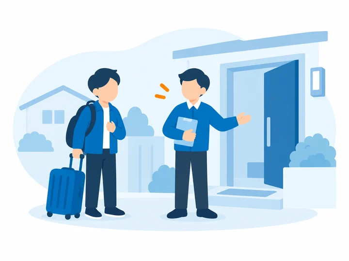 住まいの前で生活支援の担当者と話すイラスト